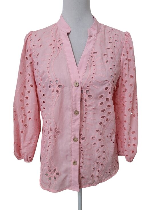 SHEIN Tops - SHEIN Size S (4) Pink Hollow Out Embroidered Collared Button Down Eyelet Shirt